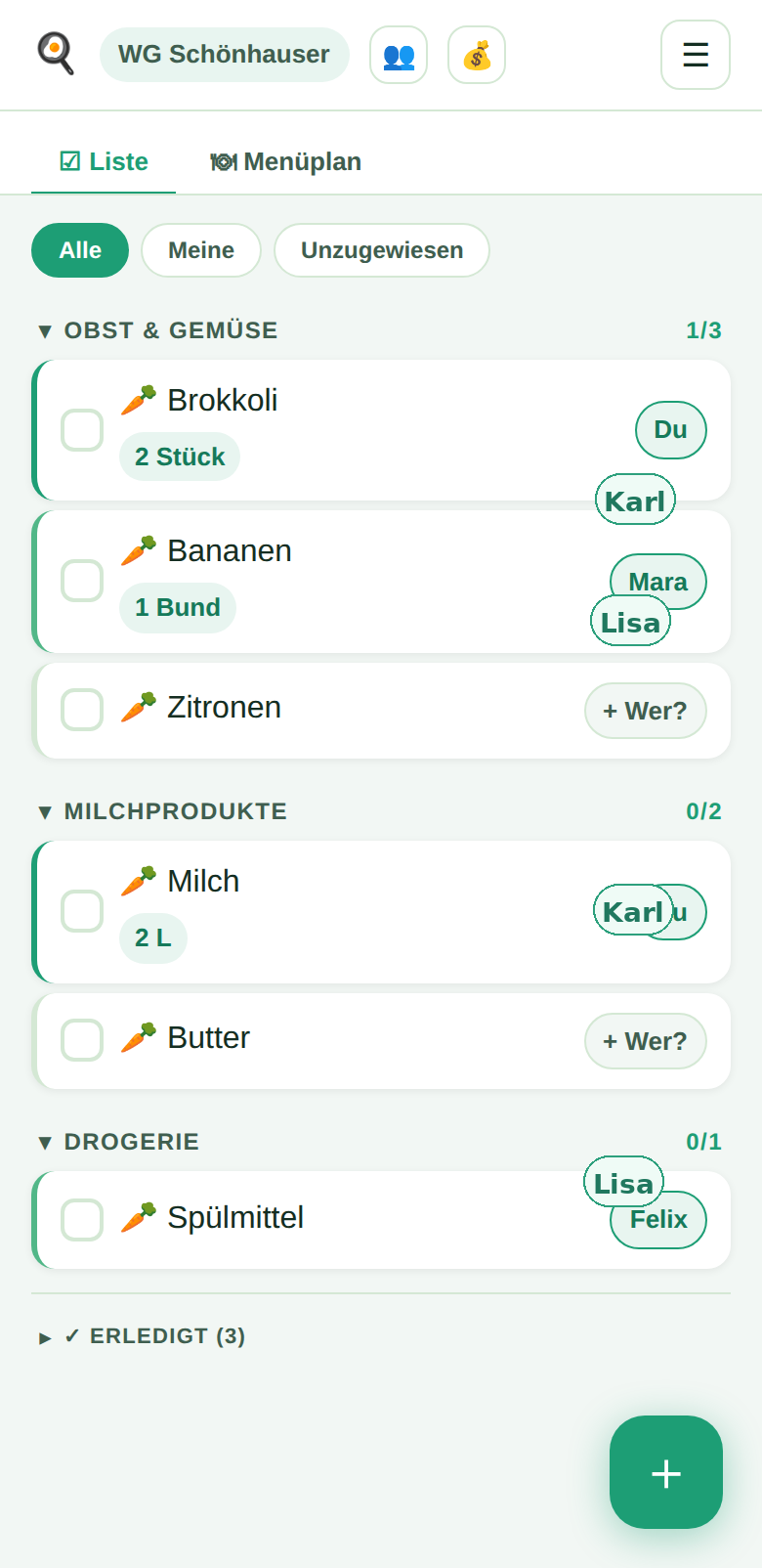 Herdzeit Einkaufsliste mit Kategorien und Zuweisungen